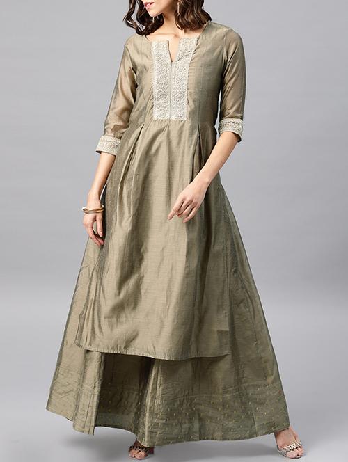 yoke design chanderi kurta with skirt set - 15642319 - Very Small Image - 1