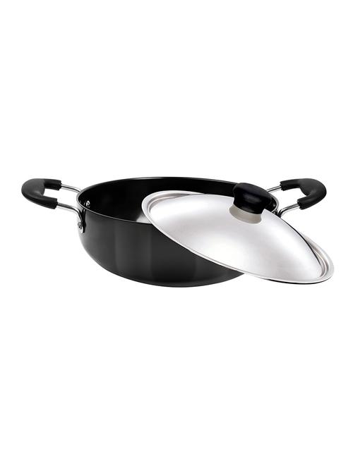 hardanodised deep kadhai with steel lid ,dia-26 cm,3mm,aluminium, 3200 ml, black - 15642566 - Very Small Image - 1