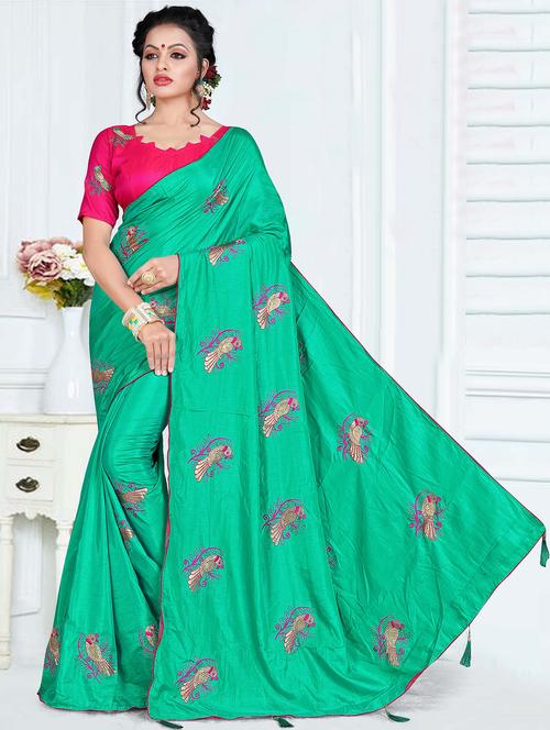 conversational turquoise embroidered saree with blouse - 15644410 - Very Small Image - 1