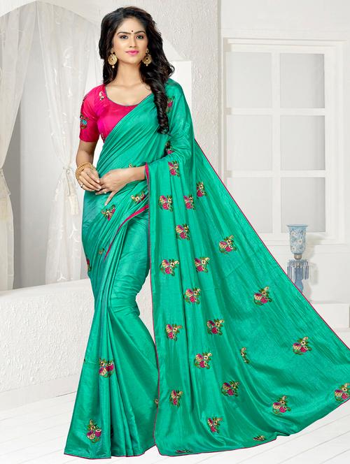 floral turquoise embroidered saree with blouse - 15644416 - Very Small Image - 1