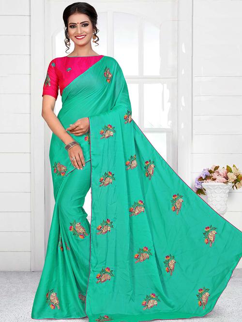 conversational turquoise embroidered saree with blouse - 15644439 - Very Small Image - 1