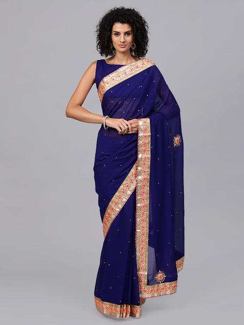 embellished navy blue saree with blouse - 15644621 - Very Small Image - 1