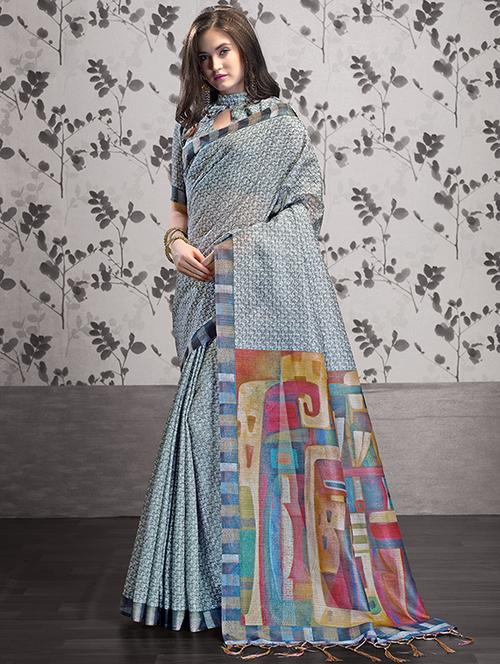 digital printed grey saree with blouse - 15644630 - Very Small Image - 1