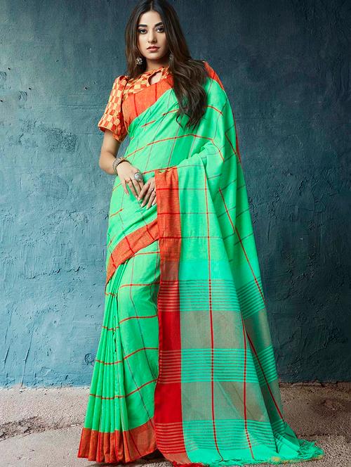 linen checkered printed saree with blouse - 15645071 - Very Small Image - 1