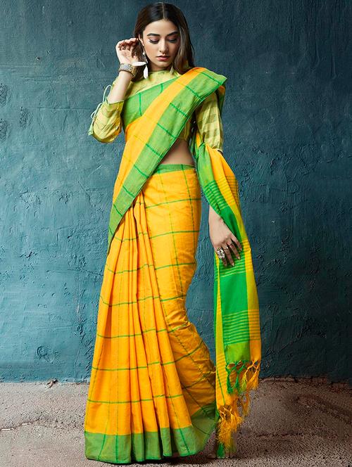 linen checkered printed saree with blouse - 15645073 - Very Small Image - 1
