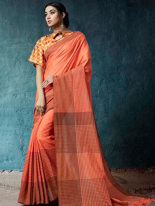 linen stripes bordered saree with blouse - 15645075 - Very Small Image - 1