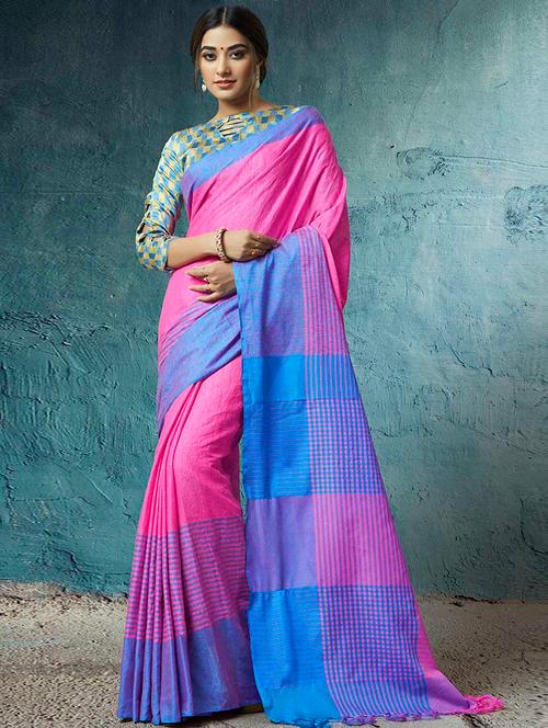 linen stripes bordered saree with blouse - 15645076 - Very Small Image - 1