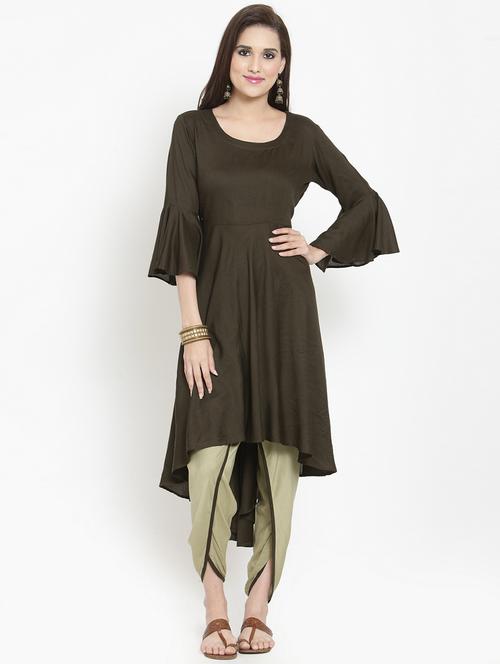 olive bell sleeved high-low kurta with tulip salwar set - 15645542 - Very Small Image - 1
