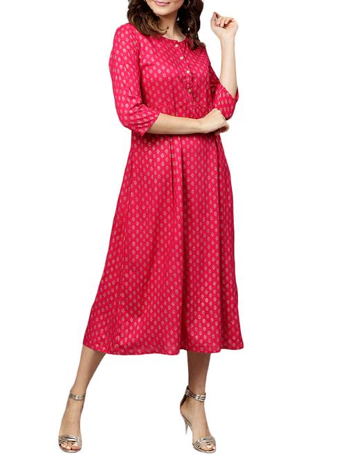 foil print a-line ethnic dress - 15646910 - Very Small Image - 1