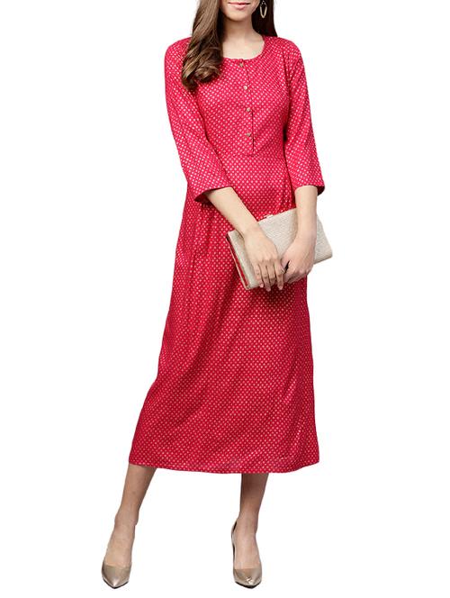 foil print a-line ethnic dress - 15646911 - Very Small Image - 1