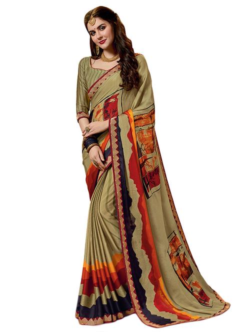 contrast bordered printed saree with blouse - 15647735 - Very Small Image - 1
