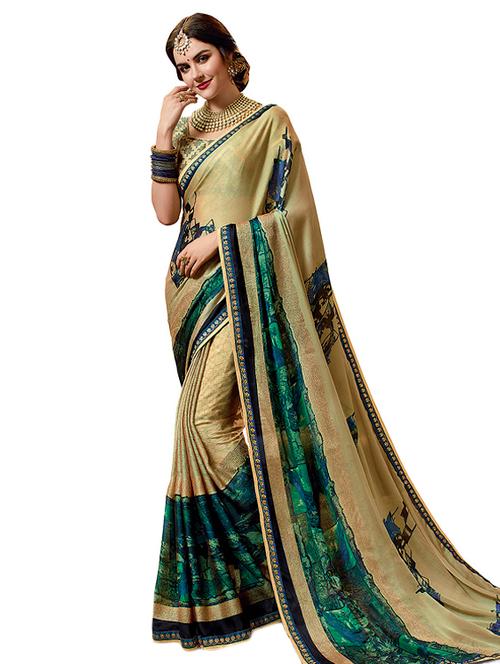 contrast bordered printed saree with blouse - 15647742 - Very Small Image - 1