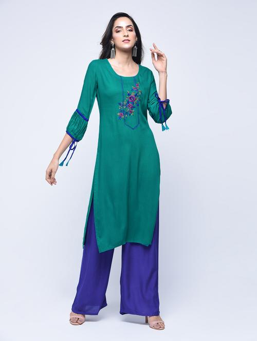 teal lantern sleeves embroidered kurta - 15647810 - Very Small Image - 1