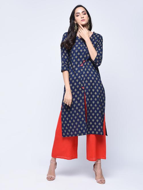 indigo printed straight kurta - 15647822 - Very Small Image - 1