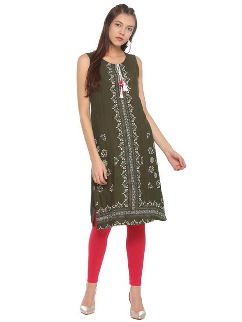 olive printed straight kurta - 15650916 - Very Small Image - 1