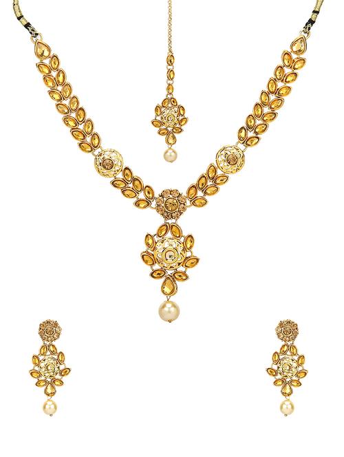 gold tone necklace, earrings & maangteeka set - 15651106 - Very Small Image - 1