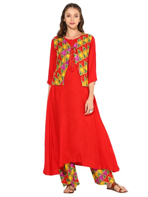 solid kurta with shrug & palazzo set - 15652551 - Very Small Image - 1