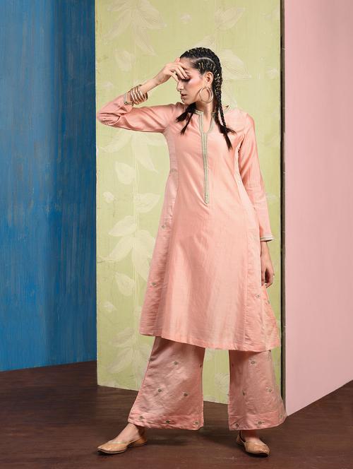 embroidered a-line chanderi kurta with palazzo set - 15653710 - Very Small Image - 1