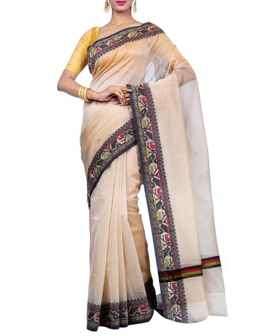 jacquard border beige saree with blouse - 15655090 - Very Small Image - 1