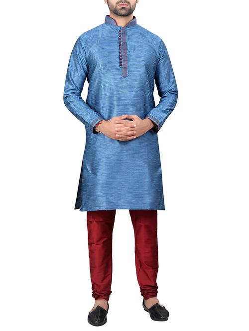 blue pure silk kurta pyjama set - 15656067 - Very Small Image - 1
