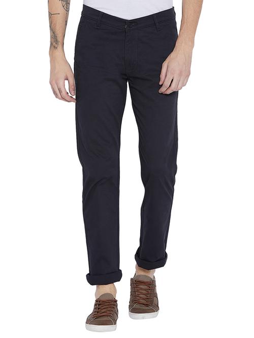 navy blue cotton flat front casual trousers - 15657655 - Very Small Image - 1