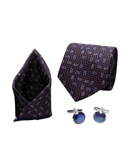 brown micro fiber tie with cufflinks & pocketsquare - 15657951 - Very Small Image - 1