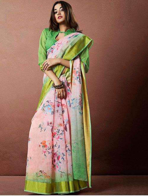 linen floral printed saree with blouse - 15658027 - Very Small Image - 1