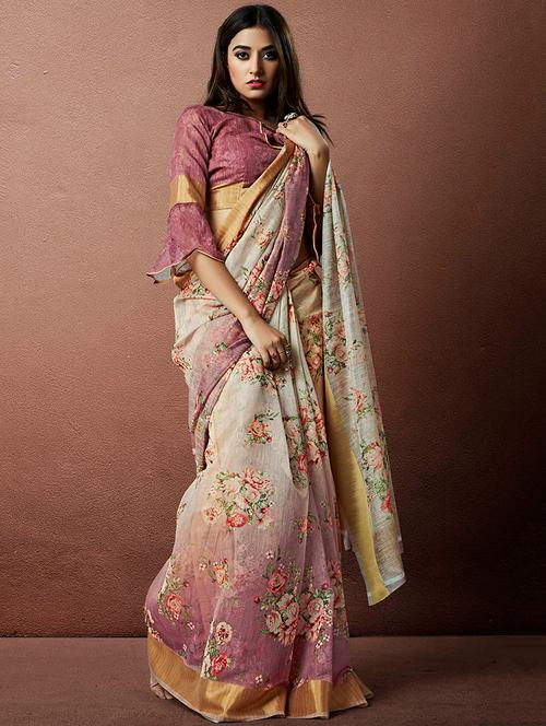 linen floral printed saree with blouse - 15658028 - Very Small Image - 1