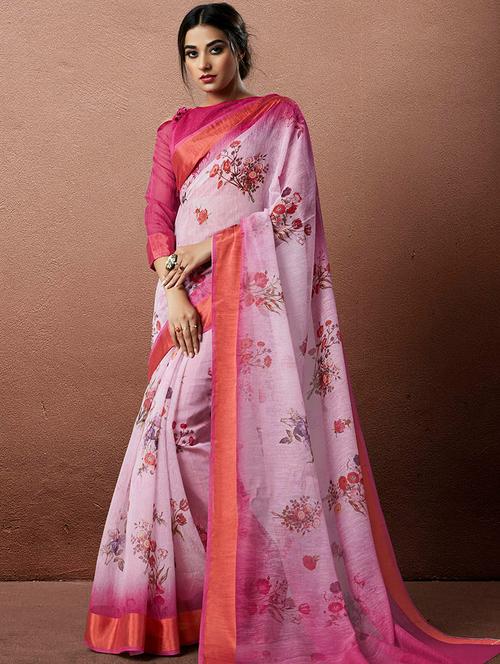 linen floral printed saree with blouse - 15658030 - Very Small Image - 1
