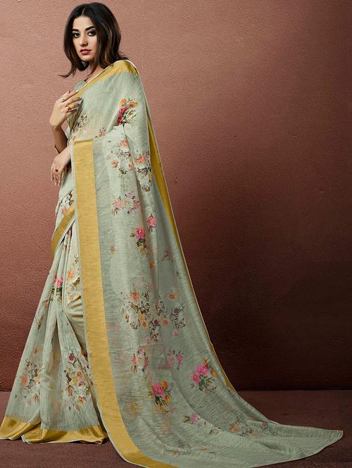 linen floral printed saree with blouse - 15658031 - Very Small Image - 1