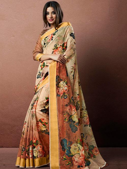 linen floral printed saree with blouse - 15658032 - Very Small Image - 1
