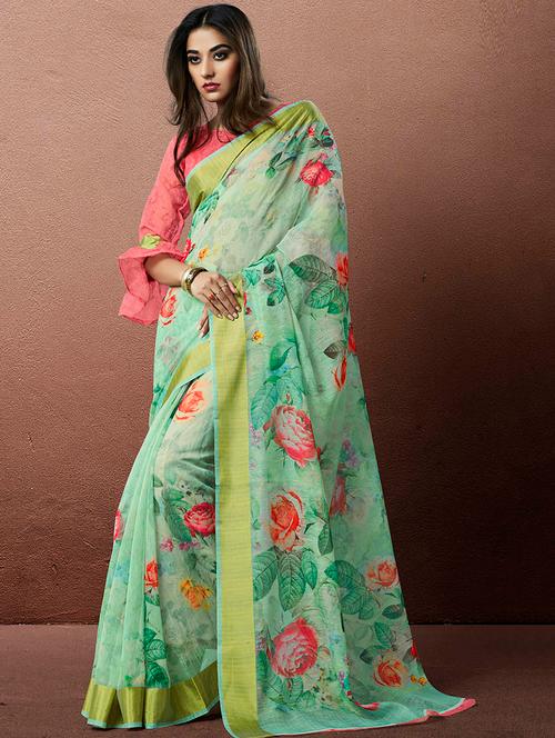 linen floral printed saree with blouse - 15658034 - Very Small Image - 1