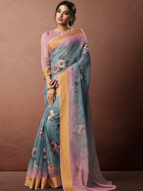linen floral printed saree with blouse - 15658035 - Very Small Image - 1
