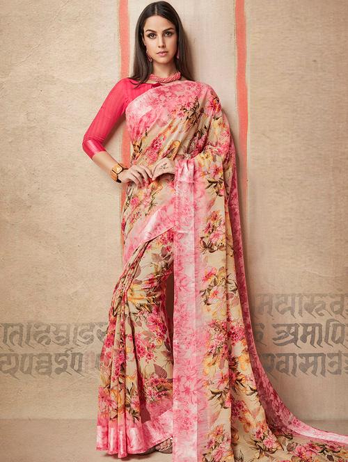linen floral printed saree with blouse - 15658037 - Very Small Image - 1
