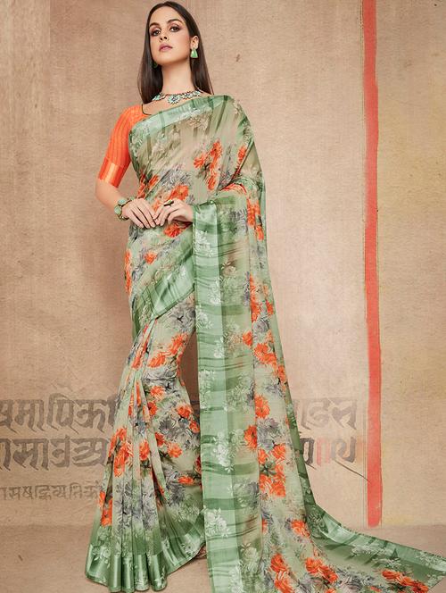 linen floral printed saree with blouse - 15658039 - Very Small Image - 1