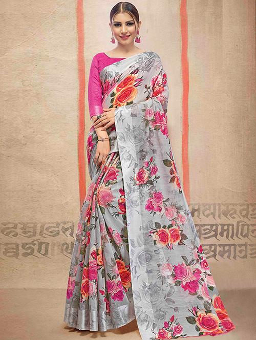 linen floral printed saree with blouse - 15658040 - Very Small Image - 1