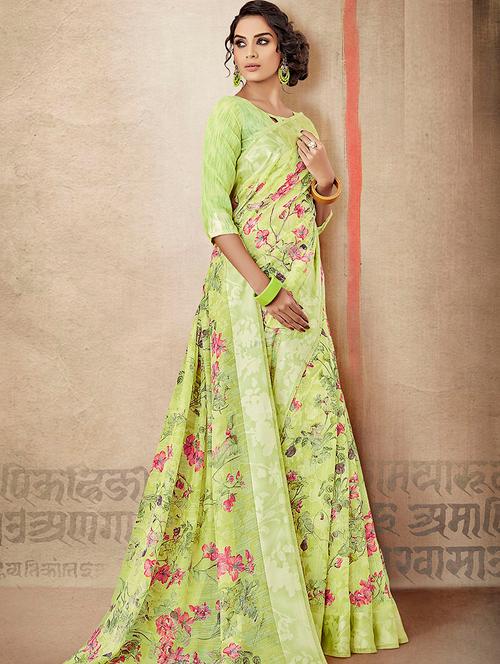 linen floral printed saree with blouse - 15658042 - Very Small Image - 1