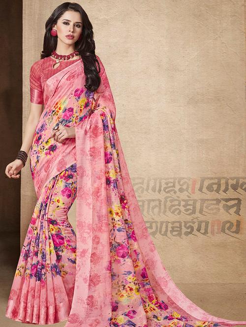 linen floral printed saree with blouse - 15658045 - Very Small Image - 1