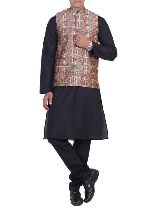 black cotton kurta pyjama set with nehru jacket - 15658273 - Very Small Image - 1