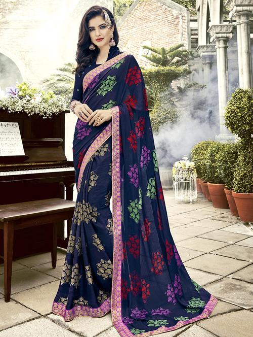 midnight blue printed saree with blouse - 15659119 - Very Small Image - 1