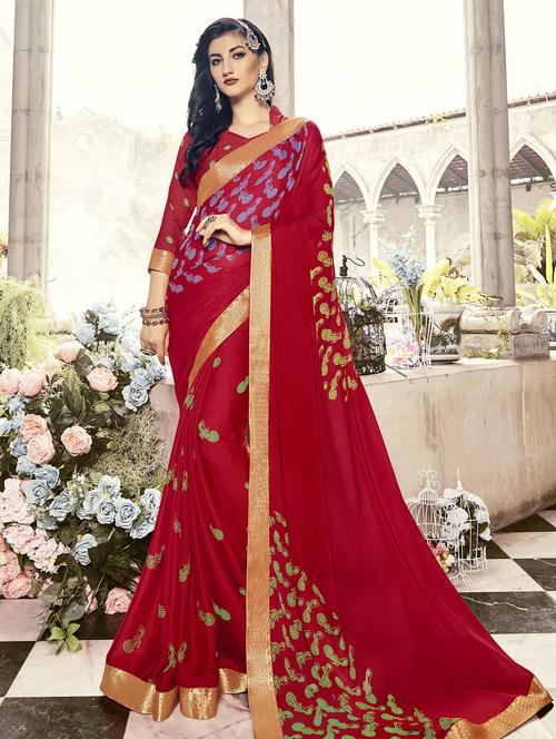 cherry red embroidered saree with blouse - 15659125 - Very Small Image - 1