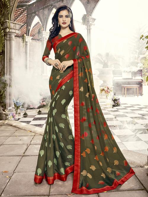 olive green printed saree with blouse - 15659130 - Very Small Image - 1