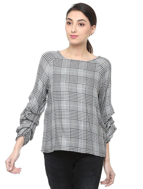 checkered boat neck top - 15669416 - Very Small Image - 1