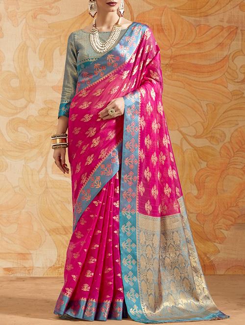 floral zari motif banarasi saree with blouse - 15669515 - Very Small Image - 1