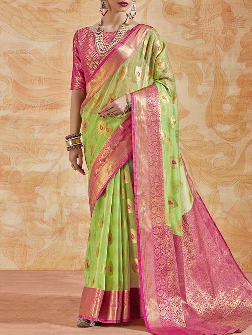 floral zari border banarasi saree with blouse - 15669519 - Very Small Image - 1