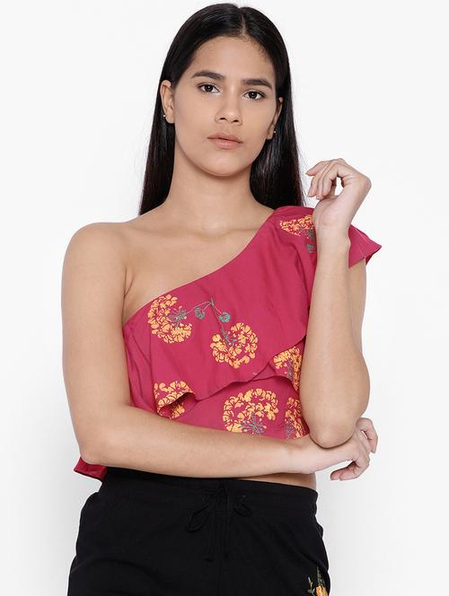 one shoulder ruffle printed crop top - 15669764 - Very Small Image - 1