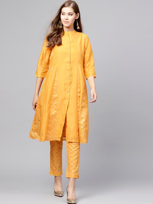 Mustard chanderi anarkali kurta - 15671062 - Very Small Image - 1