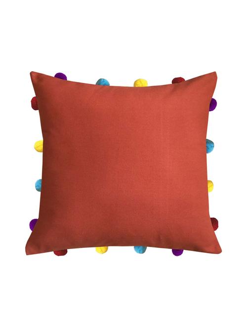 lushomes red wood cushion cover with colorful pom poms (single pc, 14 x 14”) - 15671548 - Very Small Image - 1