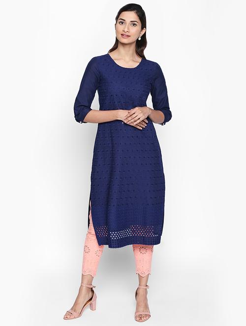 straight schiffli solid kurta - 15673043 - Very Small Image - 1