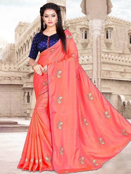 coral conversational embroidered saree with blouse - 15673916 - Very Small Image - 1